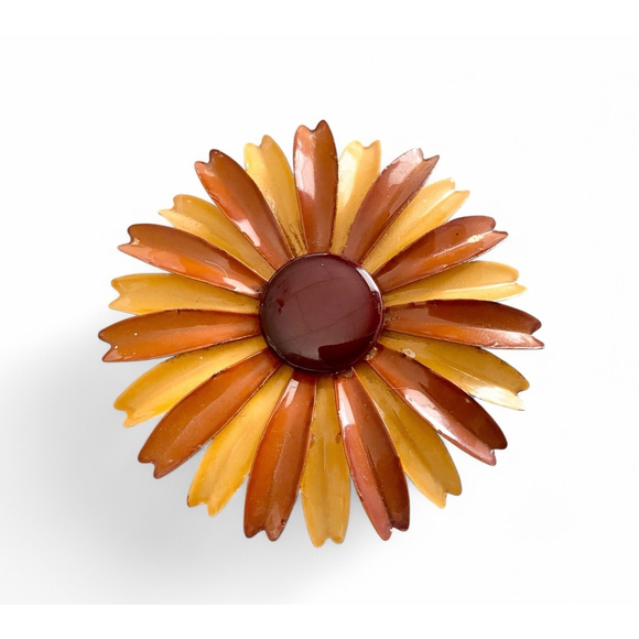 Large Vintage Two tone Brown Yellow Retro Enamel Flower Brooch Pin - Picture 1 of 4